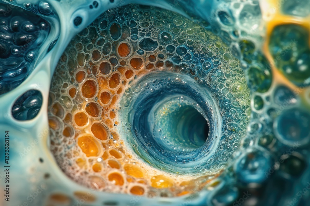 Poster abstract swirling vortex of vibrant teal and orange bubbles, a mesmerizing fluid art macro.