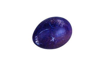 Vibrant purple violet easter egg with  glowing shell pattern, isolated on white background. Color contrast, creativity, holiday decoration, creativity, symbolism of rebirth. Copy space. Selective focu
