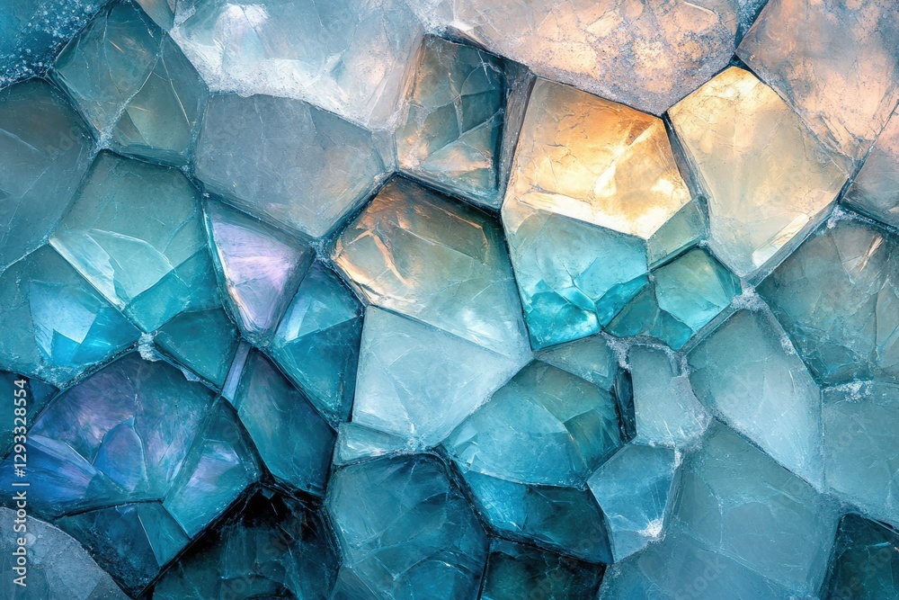 Poster a mesmerizing close-up of teal and blue crystalline structures, showcasing intricate facets and lumi