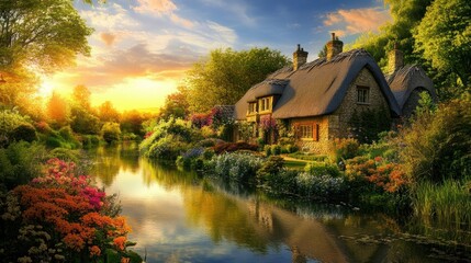 Obraz premium Serene thatched cottage by a tranquil river surrounded by vibrant flowers during a golden sunset. Generative AI