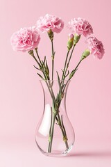 delicate tender carnation flowers in a vase on pastel pink  
