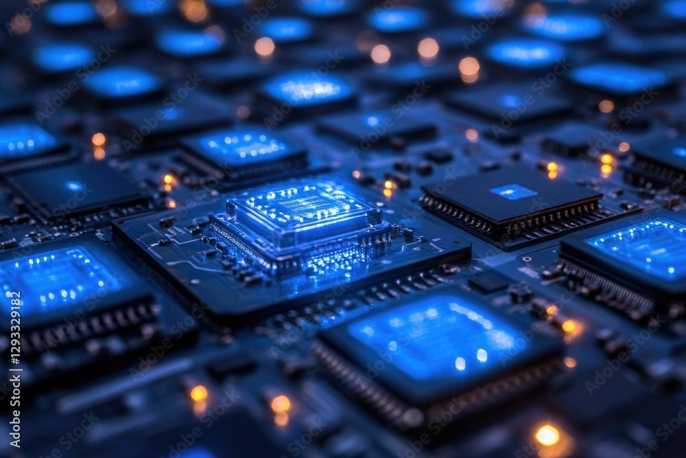 Poster Close-up of a circuit board with numerous microchips glowing blue, representing advanced technology and computing power.