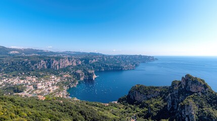 Fototapeta premium Amalfi Coast panoramic view boats, cliffs, town. Travel brochure
