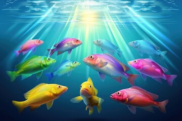 Naklejka premium Colorful fish swim in an underwater scene illuminated by sunlight, creating a vibrant and lively aquatic atmosphere.
