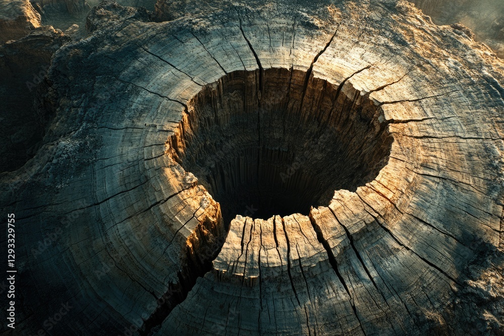Poster a decaying tree stump reveals its hollow core, showcasing the intricate texture and patterns of aged