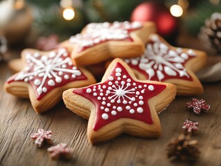 Star Shaped Christmas Cookies Decorated with Red Icing and White Details