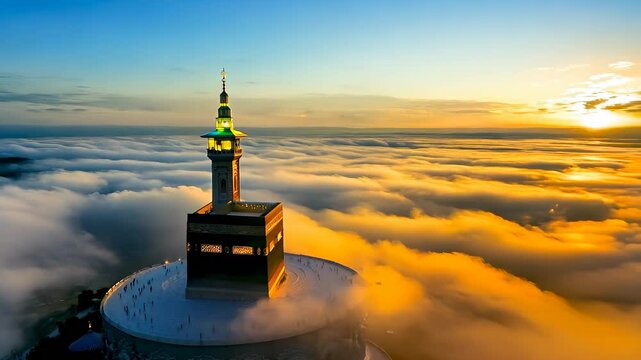 Kaaba Suspended in Endless Sky with Glowing Clouds