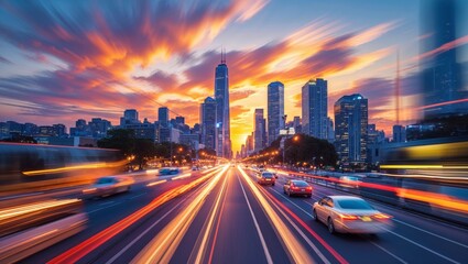 Naklejka premium Dramatic sunset over Chicago's cityscape with blurred car lights creating dynamic streaks on the highway.