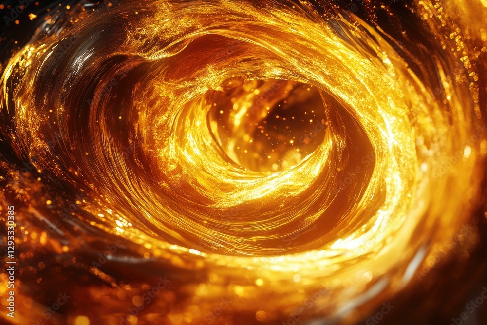 Poster a mesmerizing vortex of golden liquid, swirling and glowing with intense light.