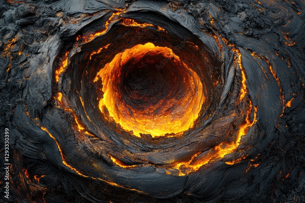 Aufkleber Glowing lava flows creating a mesmerizing circular pattern within a volcanic crater.