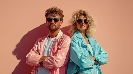 A couple poses in front of a pink wall wearing sunglasses, a fashionable 80s look.