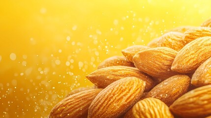A handful of raw almonds spilling onto a clean, minimalistic surface, ideal for natural food design and wellness promotions, book illustration style
