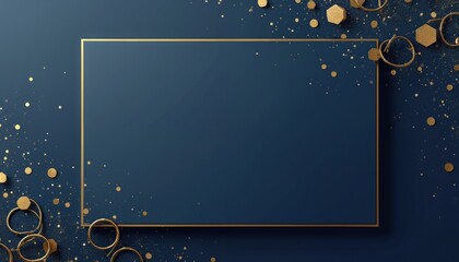 Elegant dark blue invitation card template with golden frame, confetti. Luxury design with gold geometric details for party, celebration, wedding, holiday events. Blank space for custom message, copy
