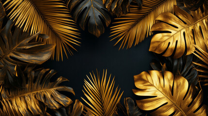 Tropical black and gold leaves on dark background vector poster Beautiful botanical design with golden tropic jungle palm leaves, exotic croton plant. Wedding ceremony invitation card, holiday sale