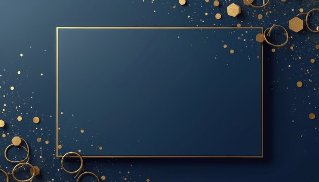 Elegant dark blue invitation card template with golden frame, confetti. Luxury design with gold geometric details for party, celebration, wedding, holiday events. Blank space for custom message, copy