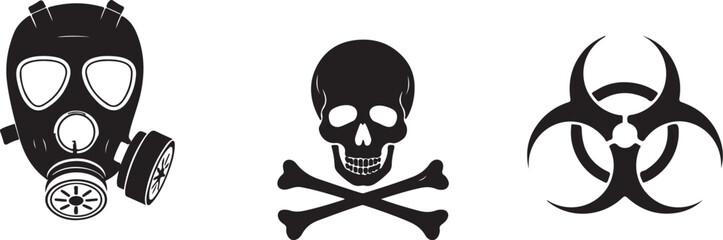 Hazard Symbol Vector Icon Gas Mask, Skull, and Biohazard Sign