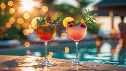 Two refreshing cocktails with vibrant garnishes bask in the sunlight by the pool.