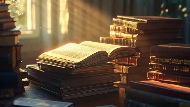 The image shows a stack of antique books lying on a table. One of the books is open, and the soft sunlight falls on it, creating a cozy atmosphere.