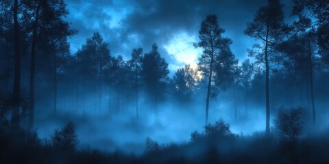 Surreal forest view with mist at night
