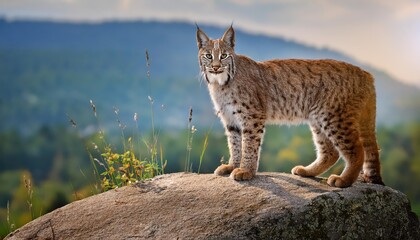 Majestic Bobcat Perched upon Granite Outcrop in Serene Wilderness, Captured during the Golden Hour, Showcasing the Agile Felines Striking Coat and Surrounded by the Wonders of Nature.