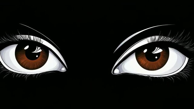 The image shows a pair of large eyes on a black background, looking and blinking straight ahead.