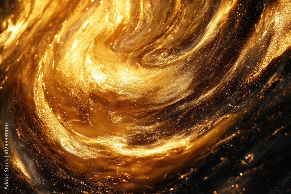 Poster swirling golden liquid, glittering with light, creating a mesmerizing cosmic abstract.