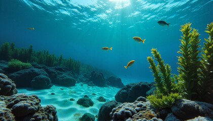 Naklejka premium Underwater scene with fish swimming among coral and plants for blogs, websites, marine life education, environmental awareness campaigns, and digital art projects