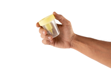 Male hand holding an urine test plastic jar isolated no background cutout
