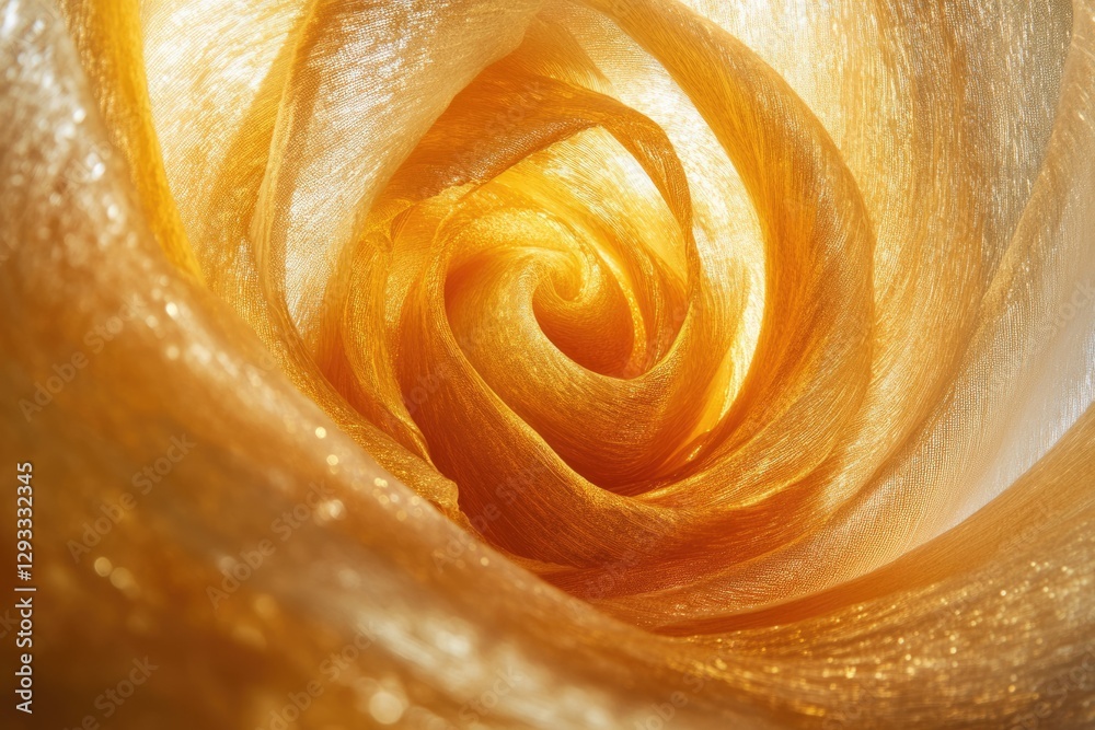 Poster golden fabric swirls in a captivating, luxurious texture, illuminated by soft light.