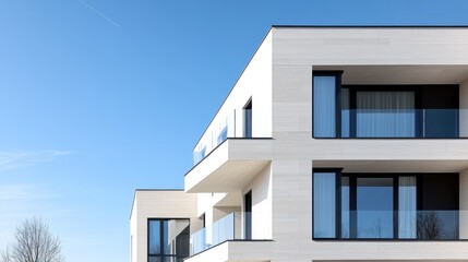 Modern apartment building, sunny day, clear sky, architectural detail, real estate