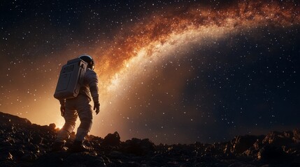 Obraz premium An astronaut walks on the surface of Mars under a clear sky with the Milky Way visible.