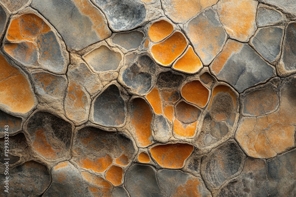 Poster abstract rock formation with intricate, honeycomb-like pattern in shades of grey and orange.