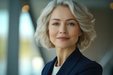 Confident mature woman with short, wavy gray hair, wearing a dark blue blazer, smiles subtly.