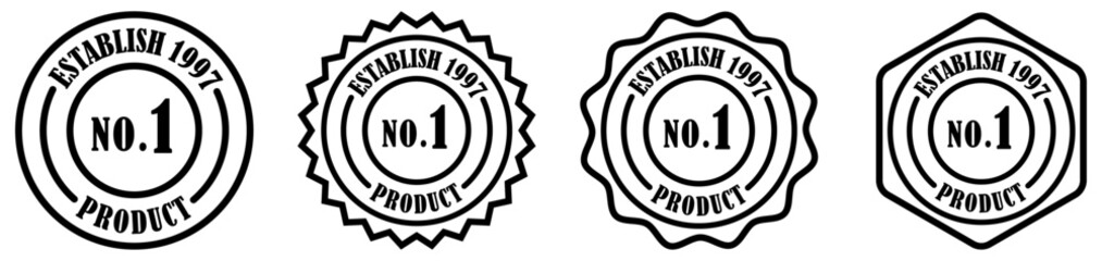 Number1 quality product badge collection set on white background. No1 product establish 1997 rubber stamp. Premium Quality Assurance Badge. Top Rated Excellence Badge. Verified Approval Emblem. 