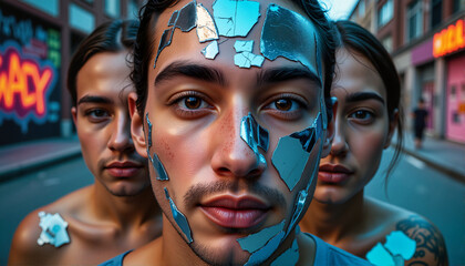 Obraz premium Individuals with reflective shards on their faces expressing deep emotions in an urban environment for art blogs, social media, and creative projects focusing on identity and self-reflection