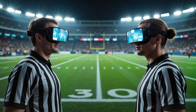 Referees wearing VR headsets in a stadium evaluating plays on a football field for sports blogs, websites, technology discussions, educational content, and presentations about innovation in sports