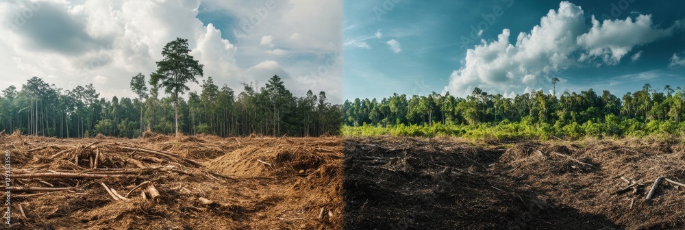 Poster deforestation and conservation contrast showcases stark differences in land use and environmental im