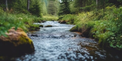 Obraz premium Flowing river stream with vibrant forest backdrop