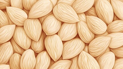 Almonds scattered on a rustic wooden surface, creating a natural and organic composition for food packaging, healthy lifestyle, and nutrition themes, book illustration style