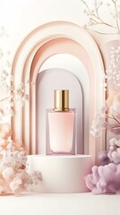 Elegant perfume bottle displayed with soft pastel arches and delicate flowers, evoking a sense of luxury and beauty.