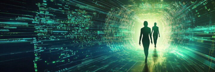 Exploring a futuristic digital realm with human silhouettes and flowing matrix code in a cybernetic landscape. Generative AI