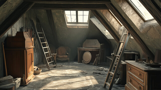 Doves in abandoned attic with old things, ladder in hatch, roof window and furniture. Pigeons live on dilapidated mansard or garret place with spider webs and antique stuff Cartoon vector illustration