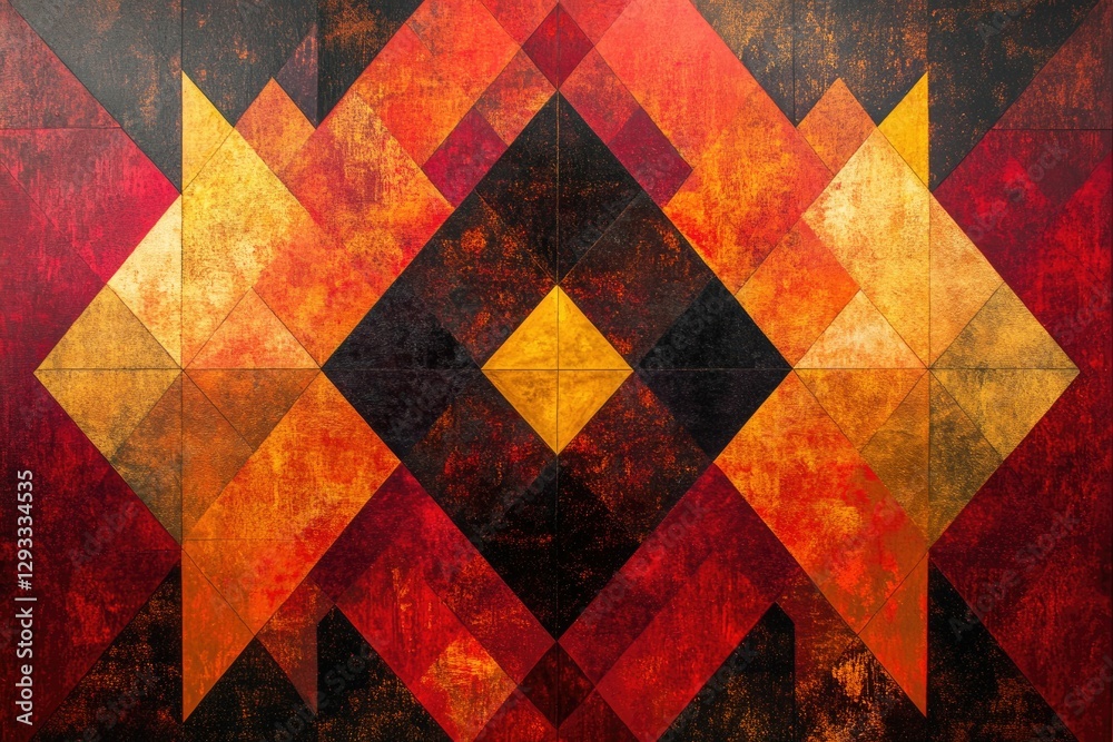 Poster abstract geometric art with warm tones of red, orange, and gold, creating a symmetrical and textured