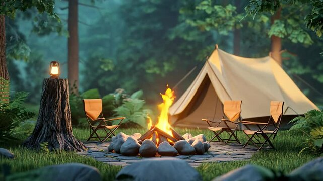 A forest scene with a tent and a bonfire. A burning bonfire surrounded by rocks is depicted in the center. There are three folding chairs around the campfire. A light yellow tent is visible in the bac