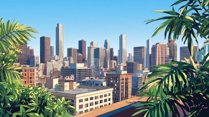 Cityscape Panorama with Lush Green Plants
