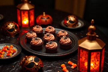 Naklejka premium A vibrant Halloween feast on a table with spider-web cakes, candy corn, and eerie masks. Art Deco Interior Style.