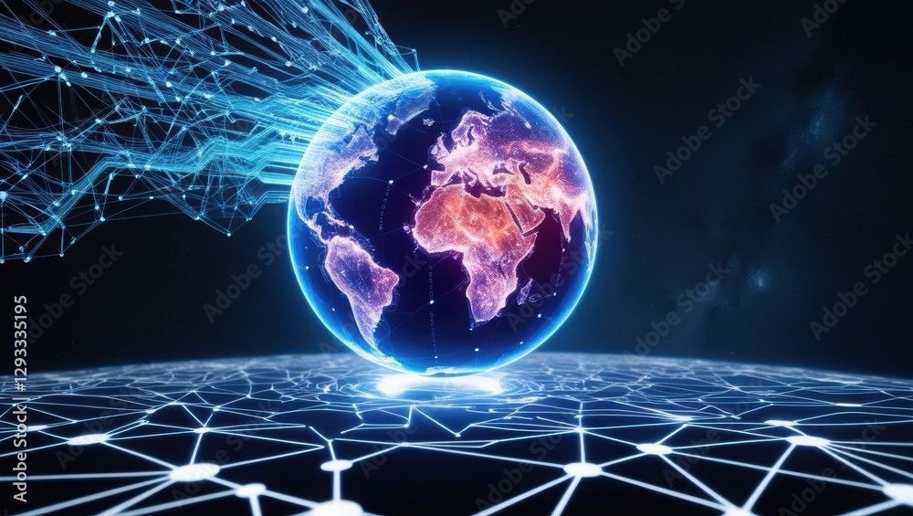 Poster globe featuring multiple network lines and connections depicting global interactivity and exchange