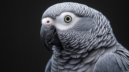 Obraz premium Close-up of african grey parrot on dark background with detailed feathers. Exotic bird portrait, wildlife and conservation concept