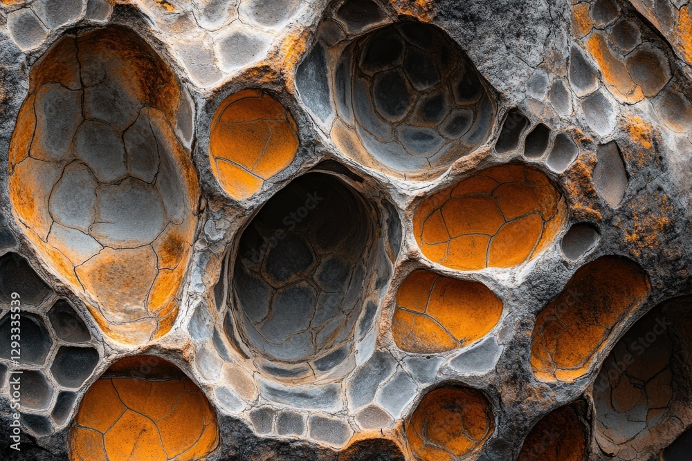 Poster intricate rock formation with honeycomb-like structures and vibrant orange and gray hues.