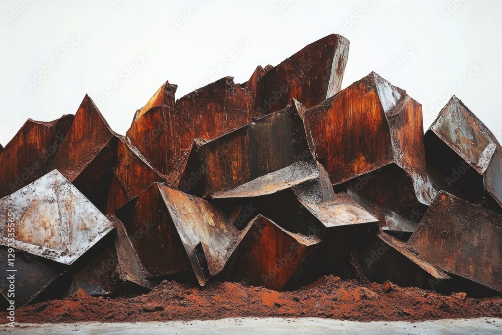 Poster A rusty metallic sculpture, resembling a mountain range, composed of sharp, angular, geometric shapes.
